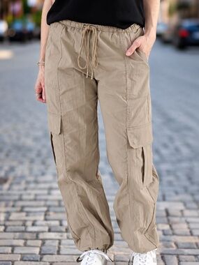 Heartloom Beige Cargo Parachute Jogger Pants Drawstring Waist